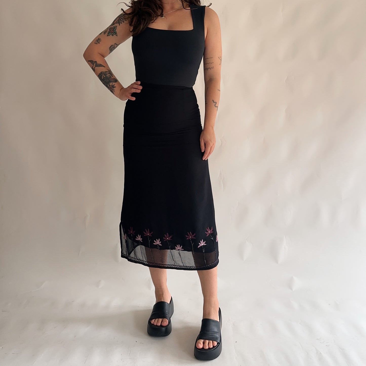 saia vintage midi mesh com bordados (XS)