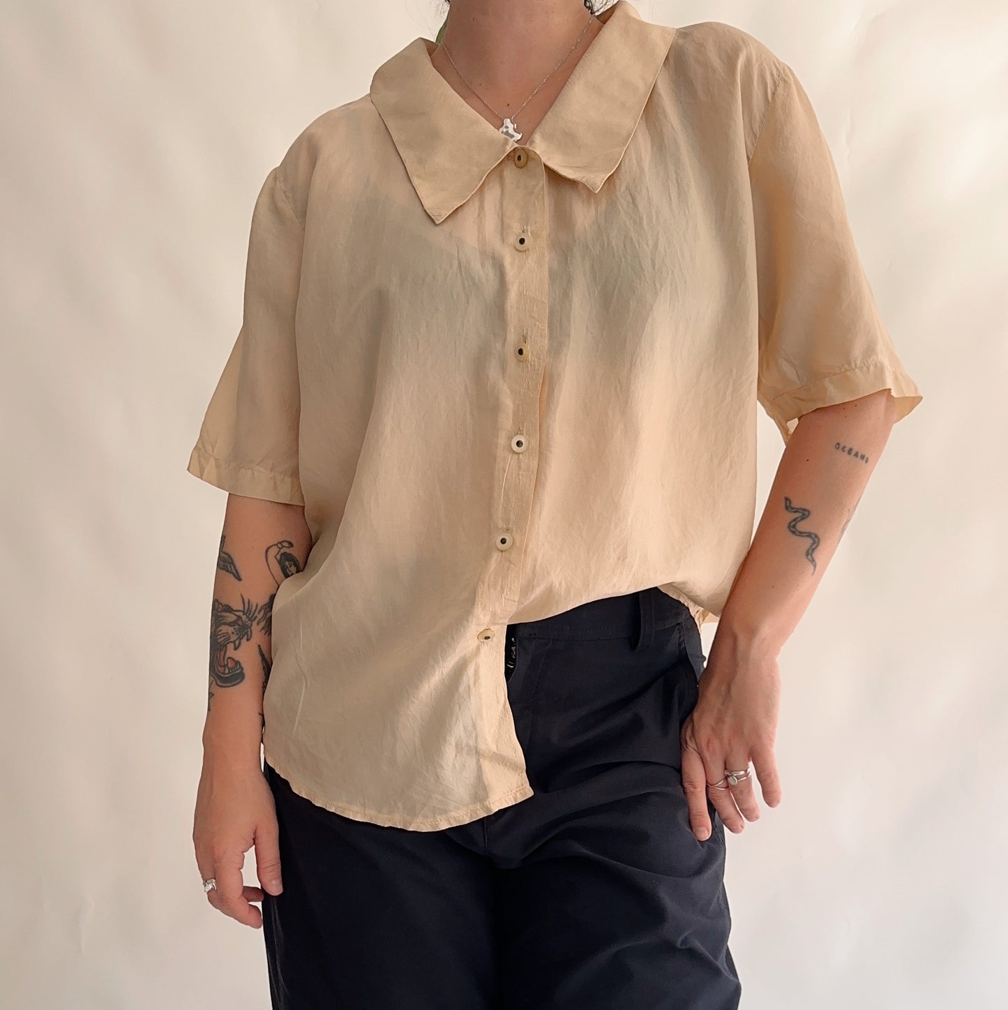 camisa vintage de verão 100%seda (M-L)