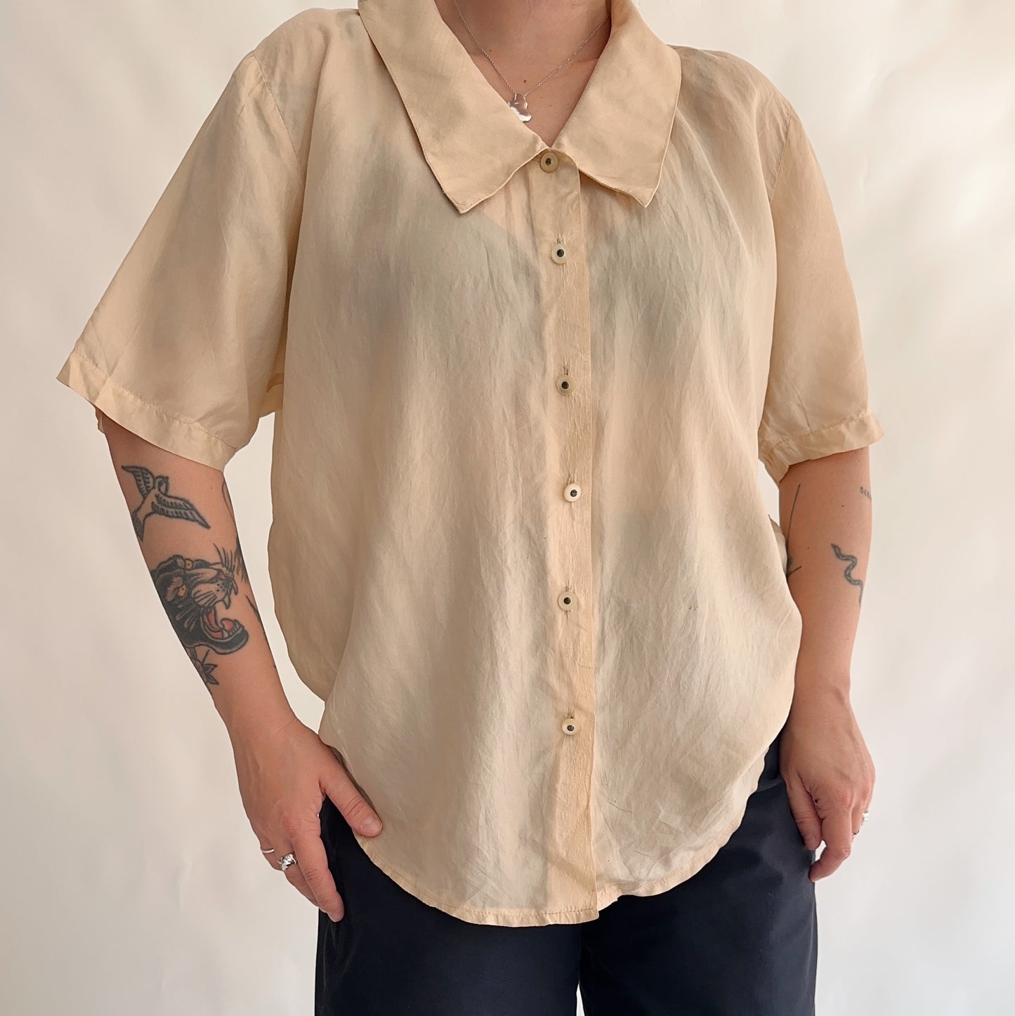 camisa vintage de verão 100%seda (M-L)